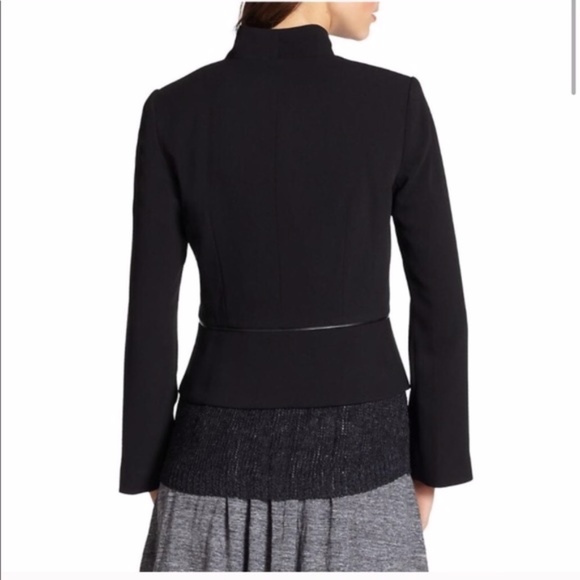 Eileen Fisher Size M Blazer Black Jacket Peplum Hem Leather Trim - Picture 4 of 9